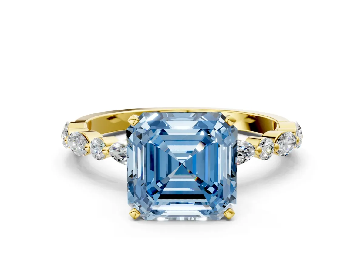 Fancy Blue Asscher Cut Diamond Ring with Marquise and Round Side Stones and Four-Prong Setting Yellow gold