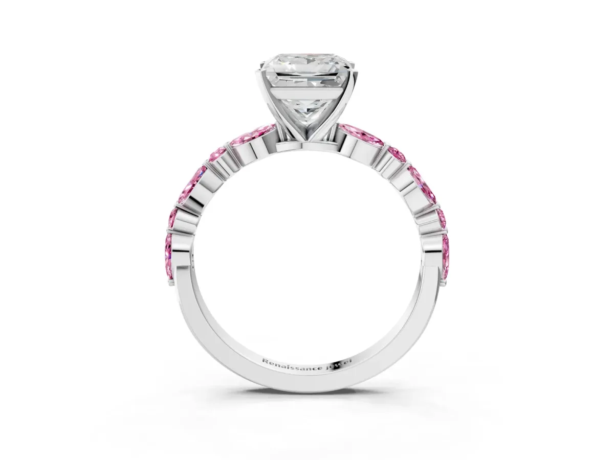 Princess Cut Diamond Ring with Marquise and Round Pink Sapphire Side Stones and Four-Prong Setting Silver