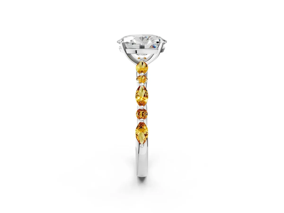 Oval Cut Diamond Ring with Marquise and Round Citrine Side Stones and Four-Prong Setting Silver