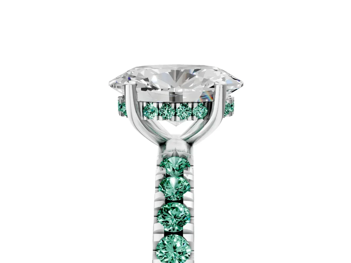 Oval Cut Diamond Pave Band Solitaire Ring with Round Green Sapphire and Prong Setting Silver