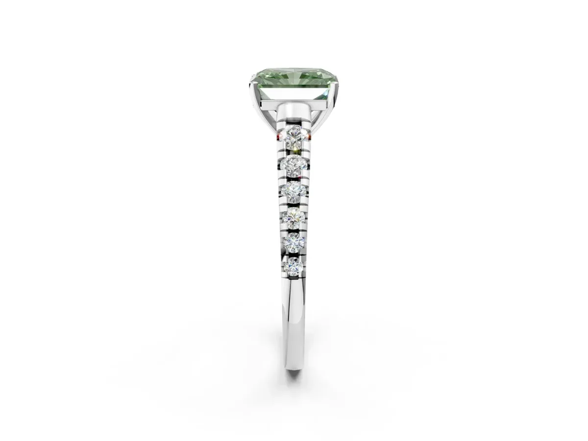 Fancy Green Radiant Cut Diamond Cathedral Solitaire Ring with Round Pavé Band Platinum