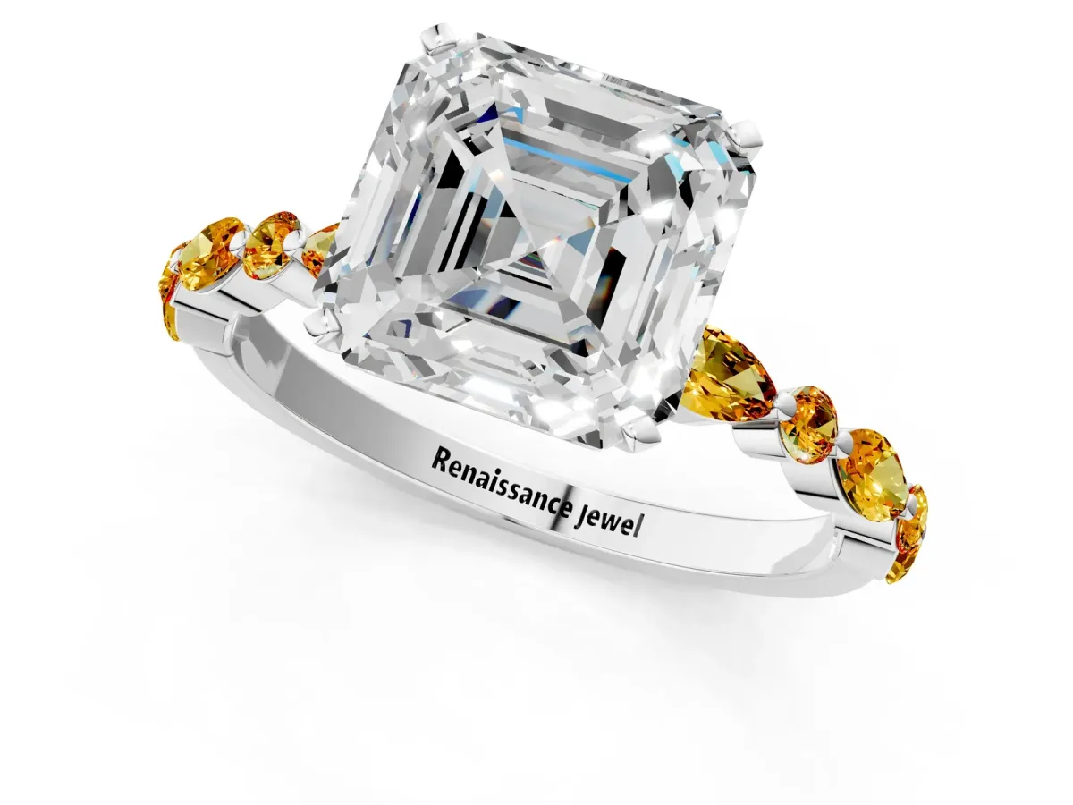 Asscher Cut Diamond Ring with Marquise and Round Citrine Side Stones and Four-Prong Setting Silver