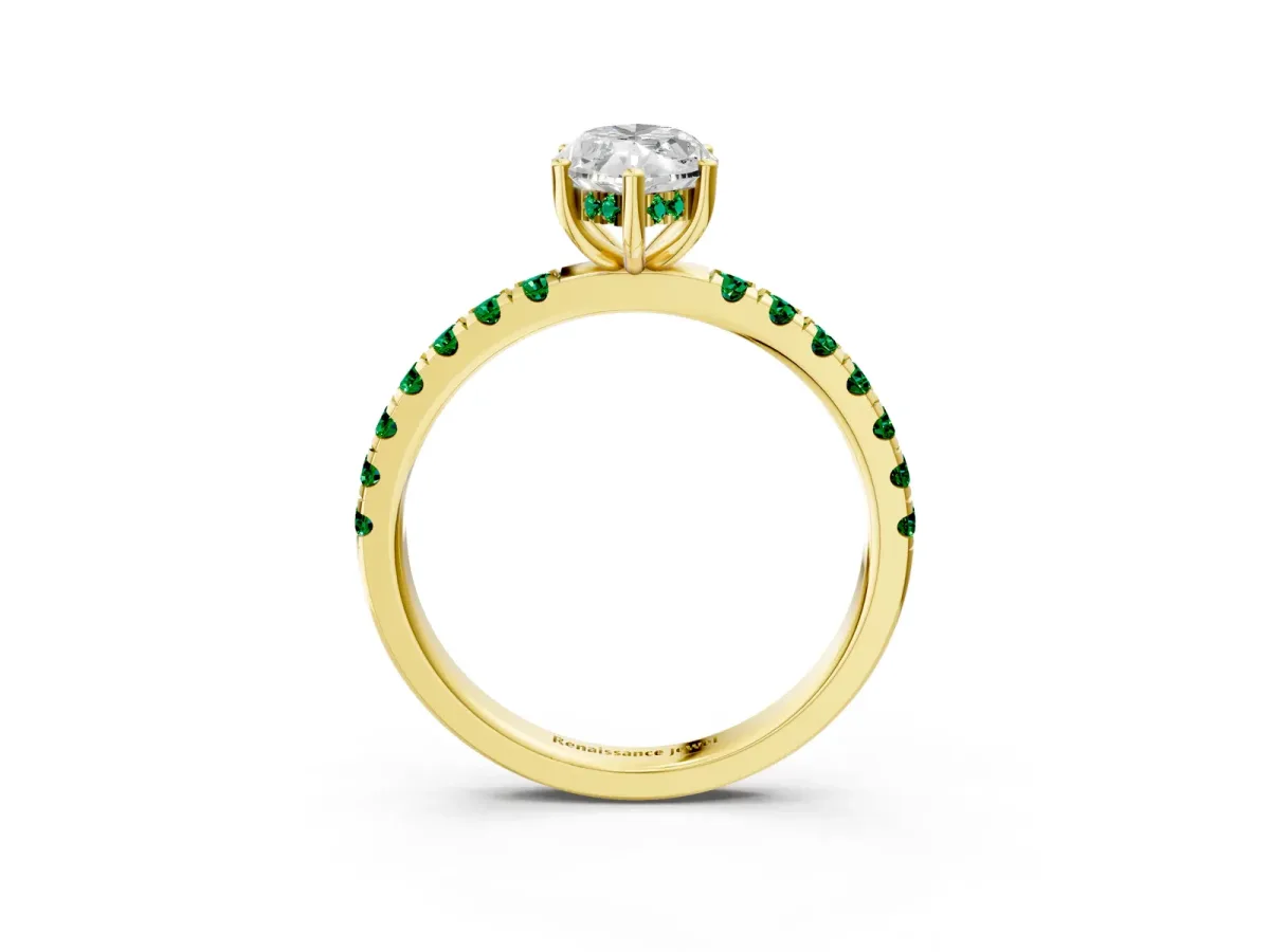Marquise Cut Diamond Pave Band Solitaire Ring with Round Emerald and Prong Setting Yellow gold