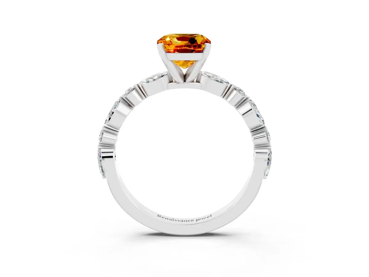 Cushion Cut Citrine Ring with Marquise and Round Side Stones and Four-Prong Setting Silver