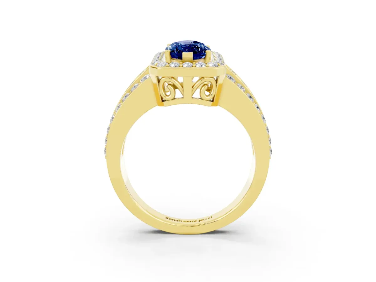 Marquise Cut Halo Blue Sapphire Ring with Round Split Shank and Prong Setting Yellow gold