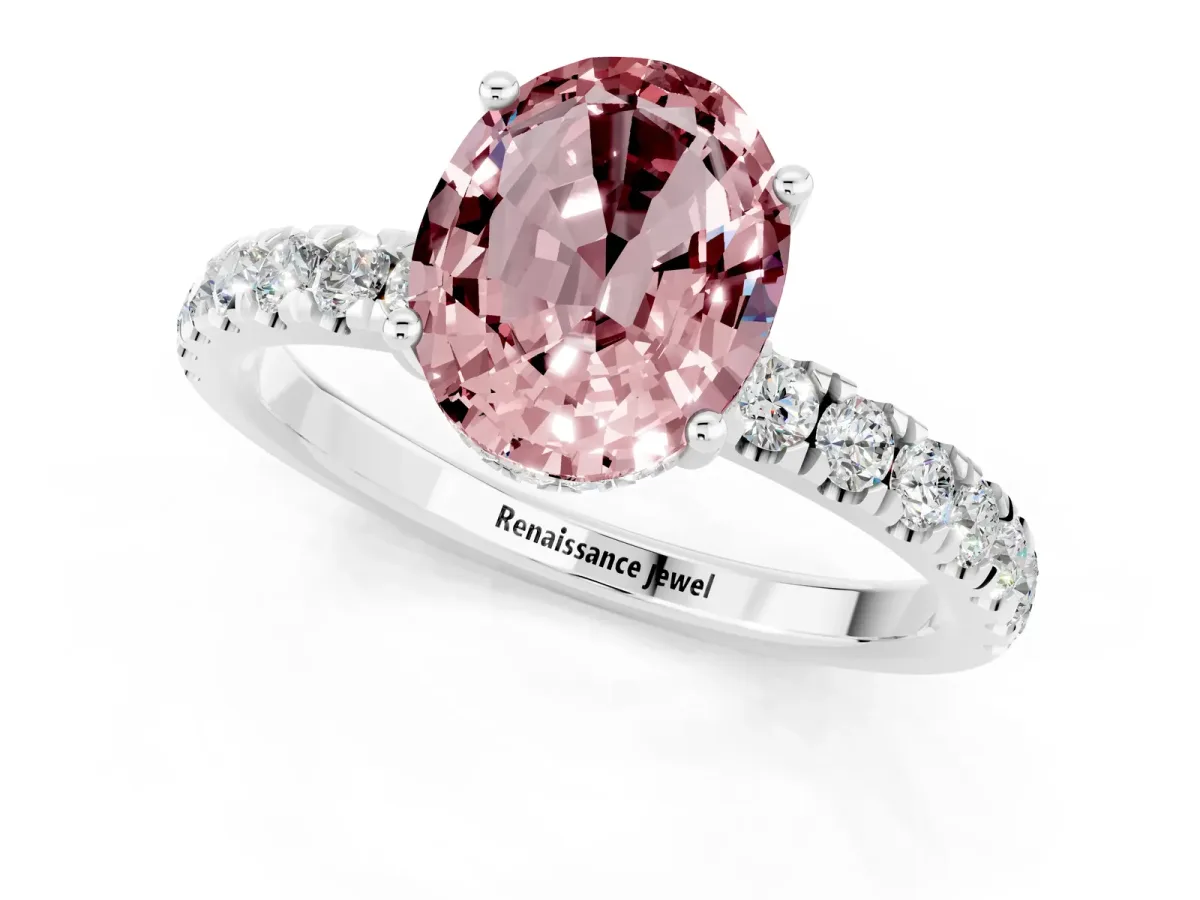 Oval Cut Morganite Pave Band Solitaire Ring with Round and Prong Setting Platinum