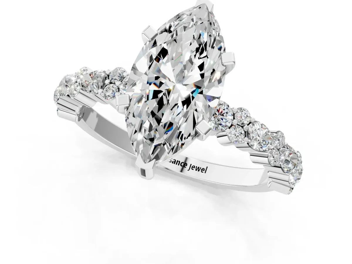 Marquise Cut Diamond Side Stone Solitaire Ring with Round and Four-Prong Setting Platinum
