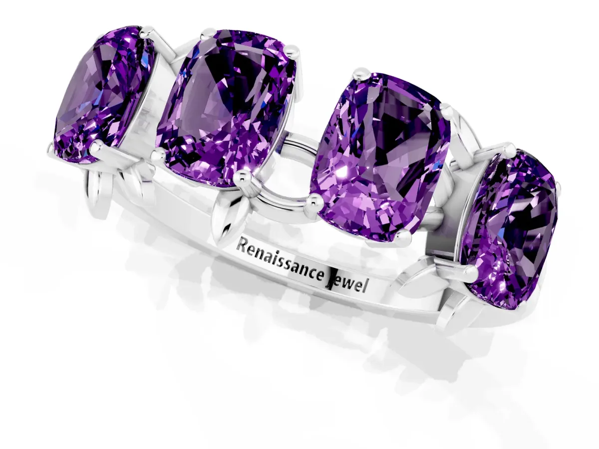 Four-Stone Elongated Cushion Amethyst Band with Nature-Inspired Prong Setting Platinum