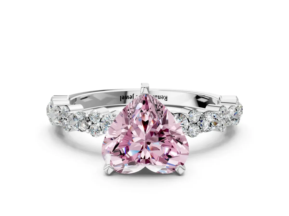 Fancy Pink Heart Cut Diamond Side Stone Solitaire Ring with Round and Four-Prong Setting White gold