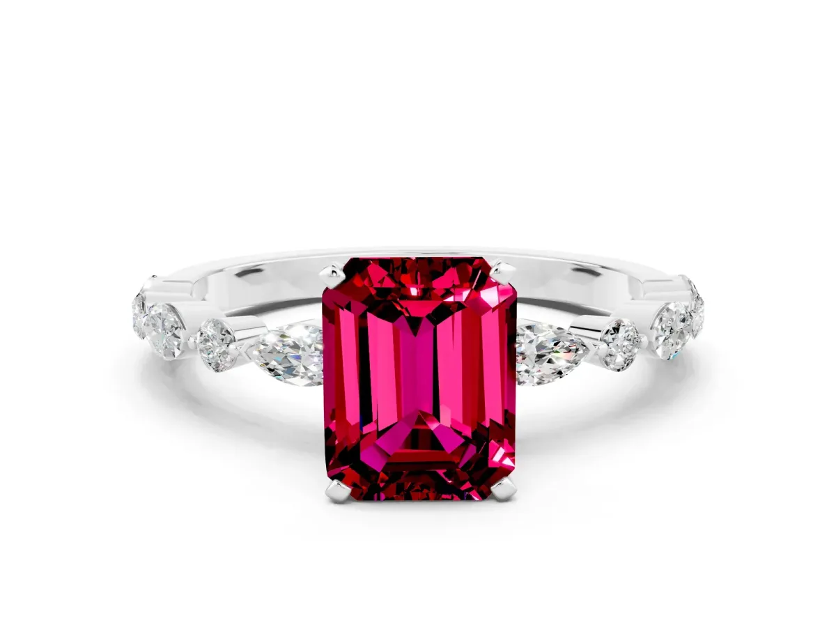 Emerald Cut Garnet Ring with Marquise and Round Side Stones and Four-Prong Setting Silver