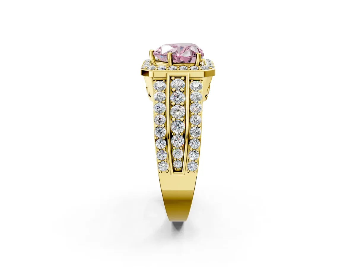 Fancy Pink Heart Cut Halo Diamond Ring with Round Split Shank and Prong Setting Yellow gold