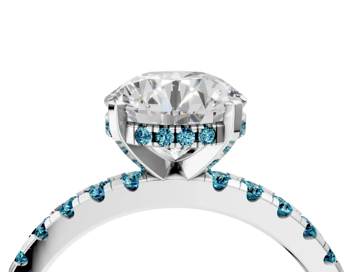 Round Cut Diamond Solitaire Ring with Round Blue Topaz Pavé Band and Four-Prong Setting Silver