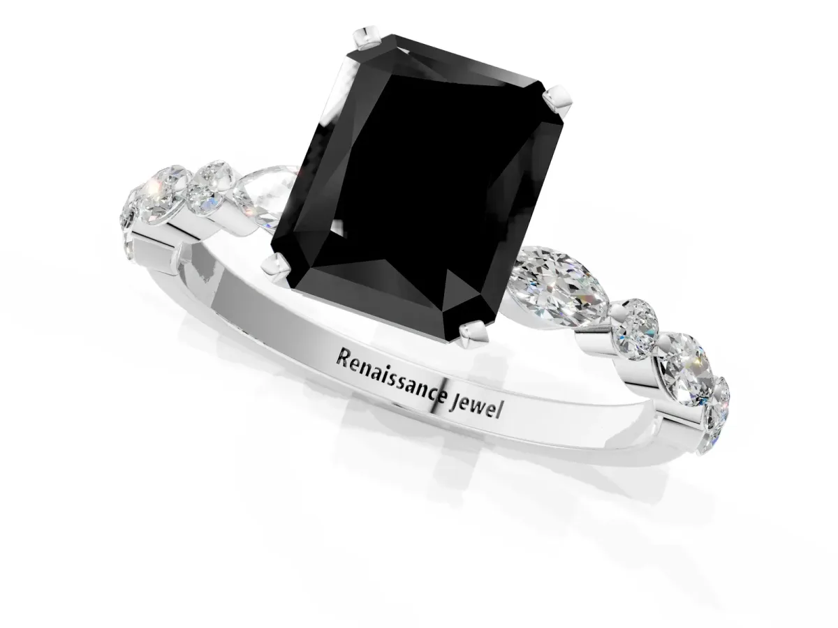 Fancy Black Radiant Cut Diamond Ring with Marquise and Round Side Stones and Four-Prong Setting Silver