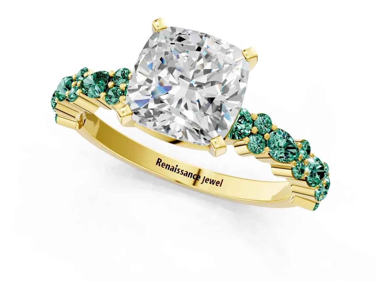 Cushion Cut Diamond Side Stone Solitaire Ring with Round Green Sapphire and Four-Prong Setting Yellow gold