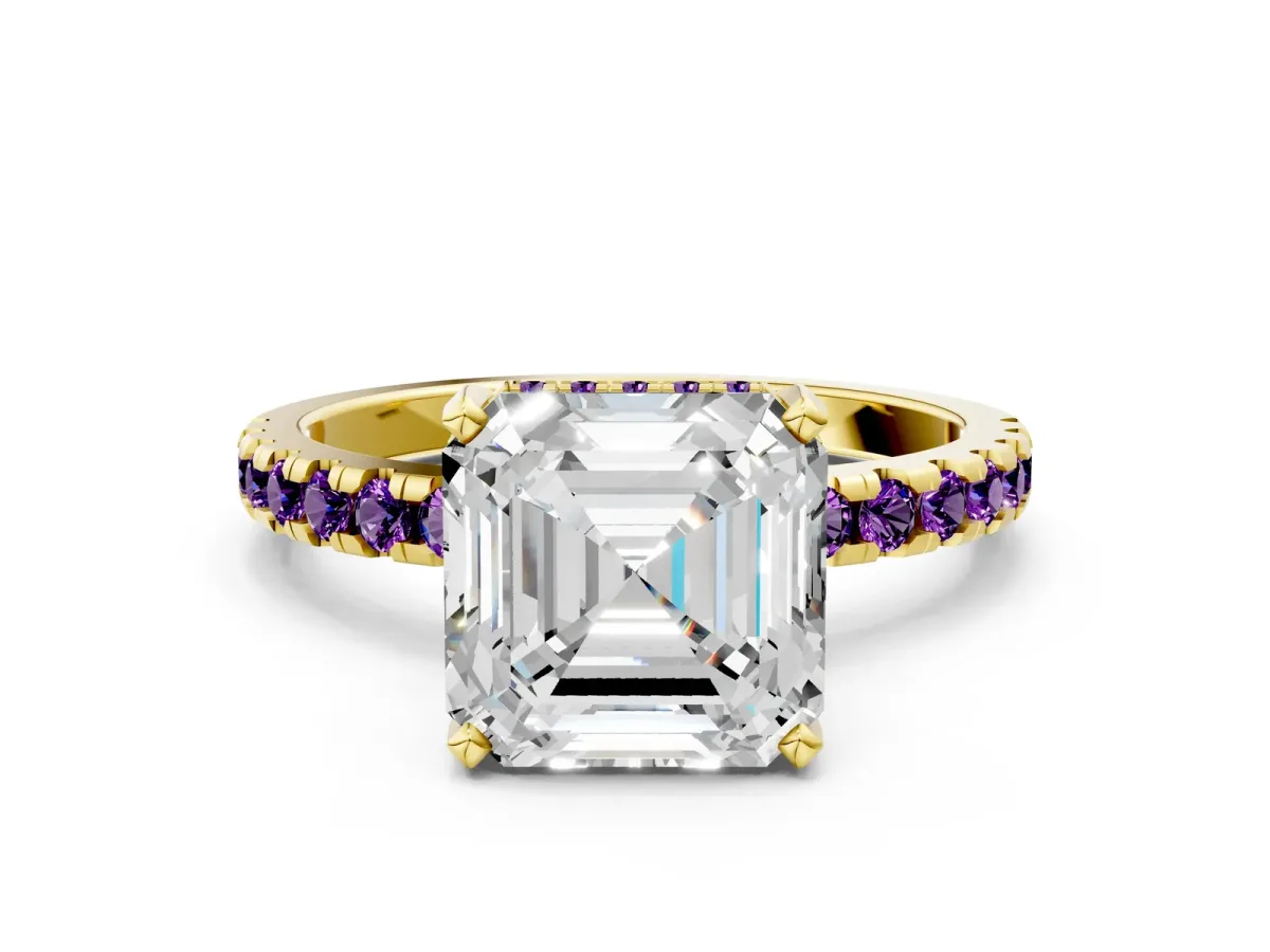 Asscher Cut Diamond Solitaire Ring with Round Amethyst Pavé Band and Four-Prong Setting Yellow gold