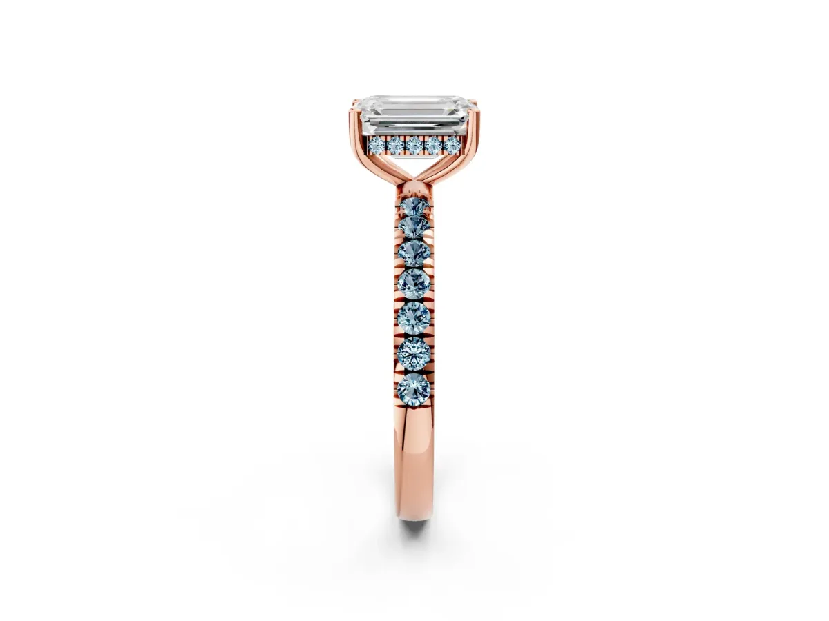 Emerald Cut Diamond Pave Band Solitaire Ring with Round Aquamarine and Prong Setting Rose gold