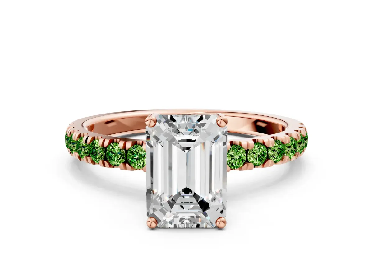 Emerald Cut Diamond Pave Band Solitaire Ring with Round Peridot and Prong Setting Rose gold