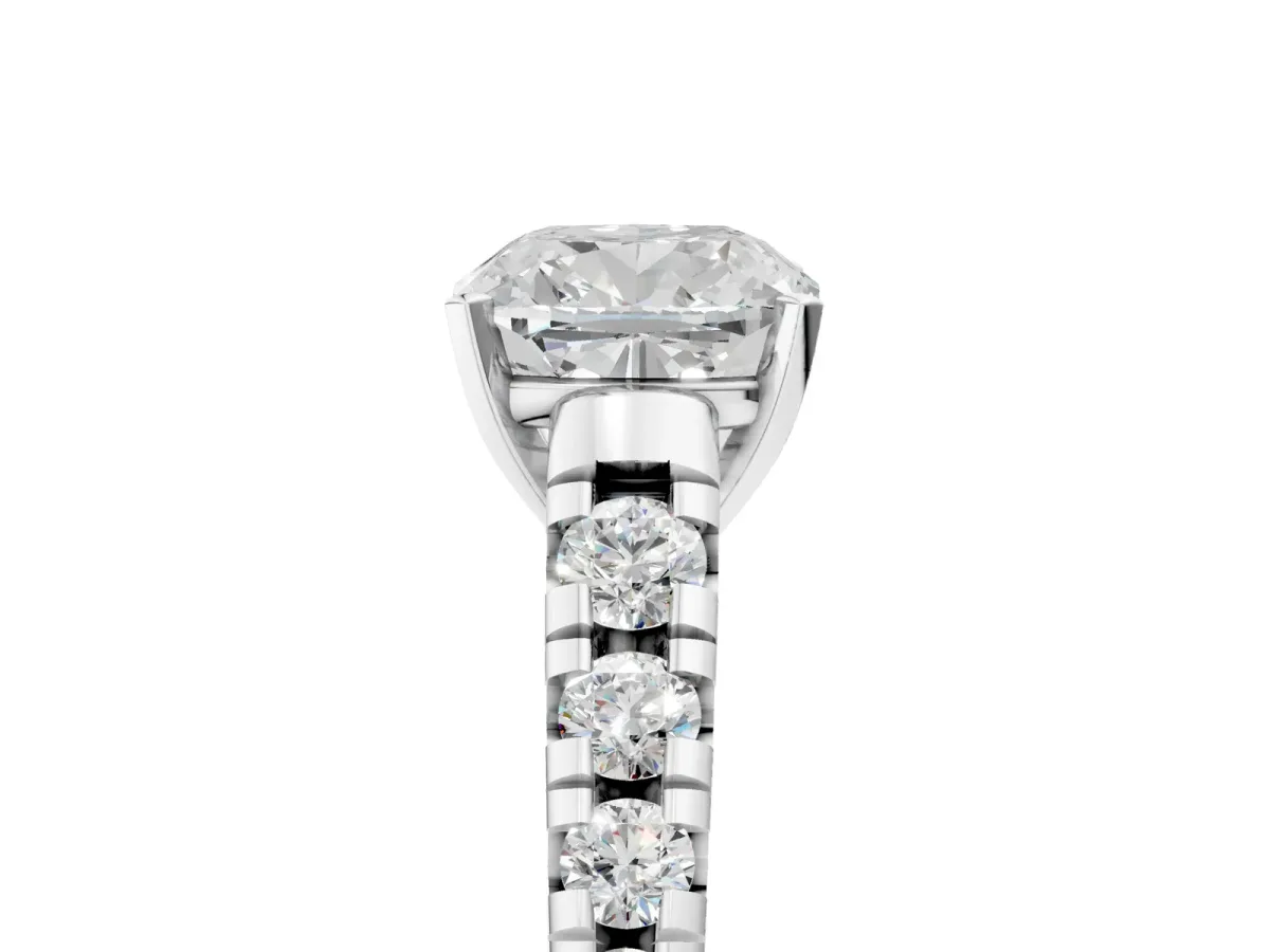 Cushion Cut Diamond Cathedral Solitaire Ring with Round Moissanite Pavé Band Silver