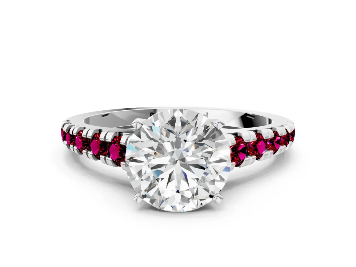Round Cut Diamond Cathedral Solitaire Ring with Round Garnet Pavé Band Silver