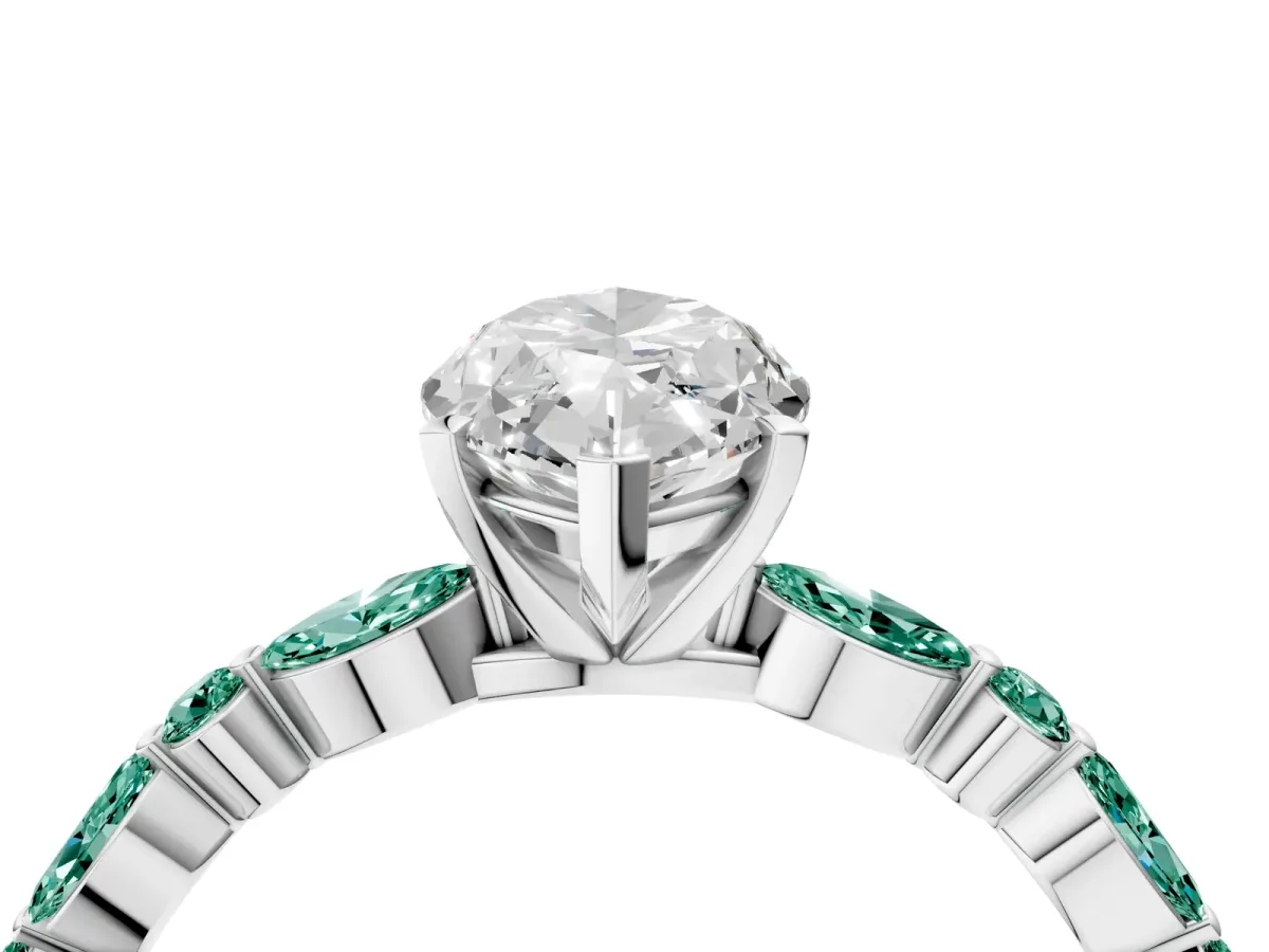 Marquise Cut Diamond Ring with Marquise and Round Green Sapphire Side Stones and Four-Prong Setting Silver