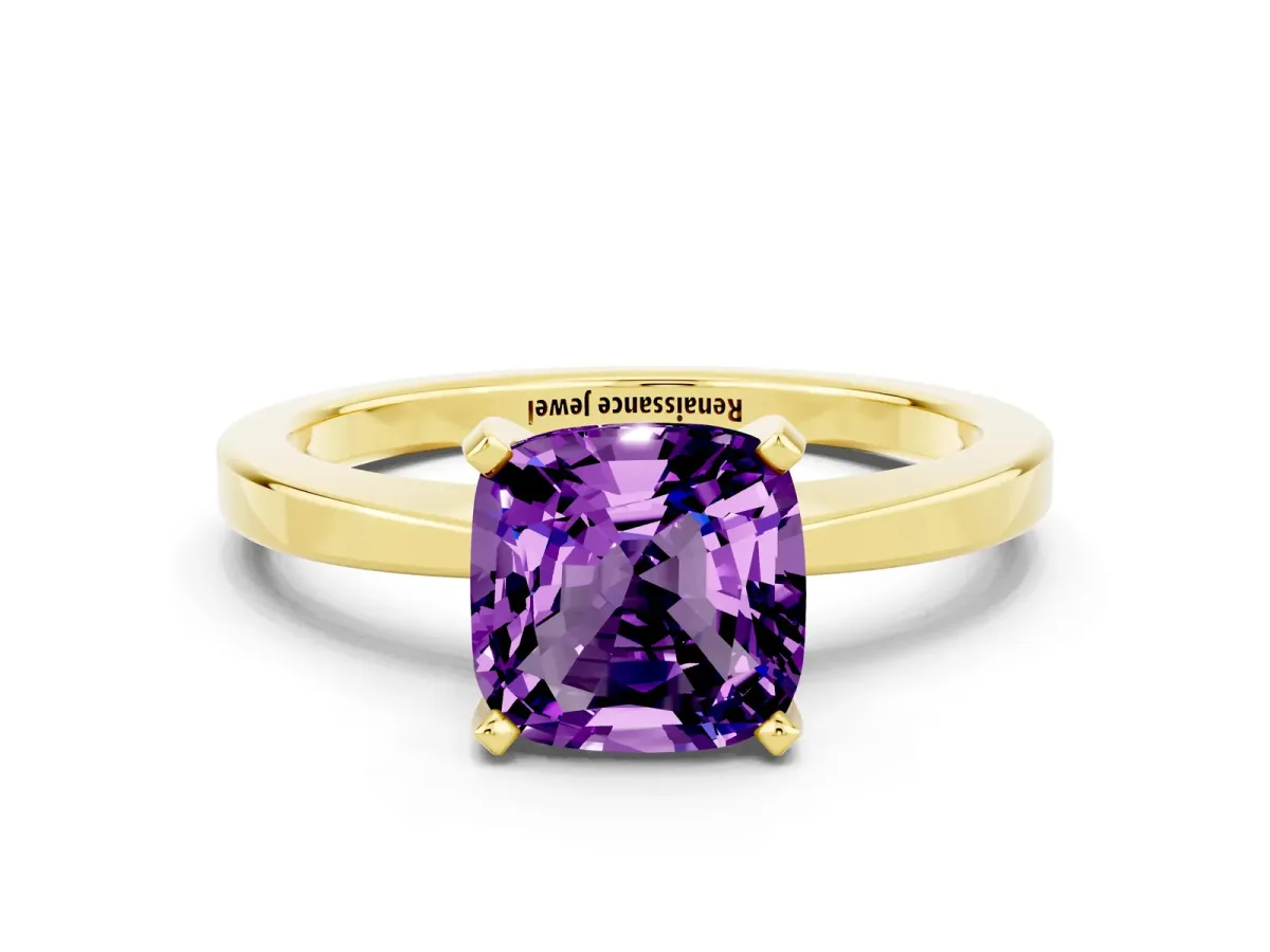 Cushion Cut Amethyst Solitaire Engagement Ring with Classic Band and Four-Prong Setting Yellow gold