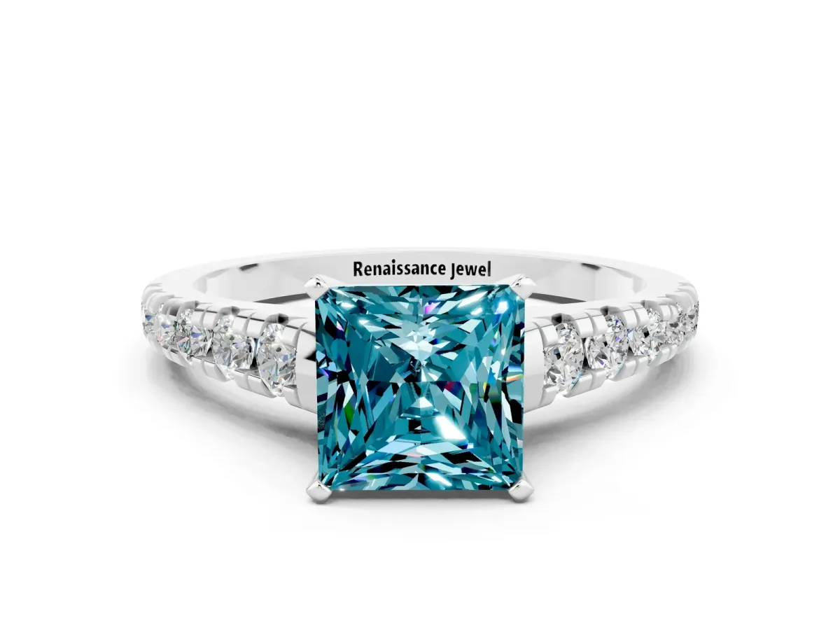 Princess Cut Blue Topaz Cathedral Solitaire Ring with Round Pavé Band Silver