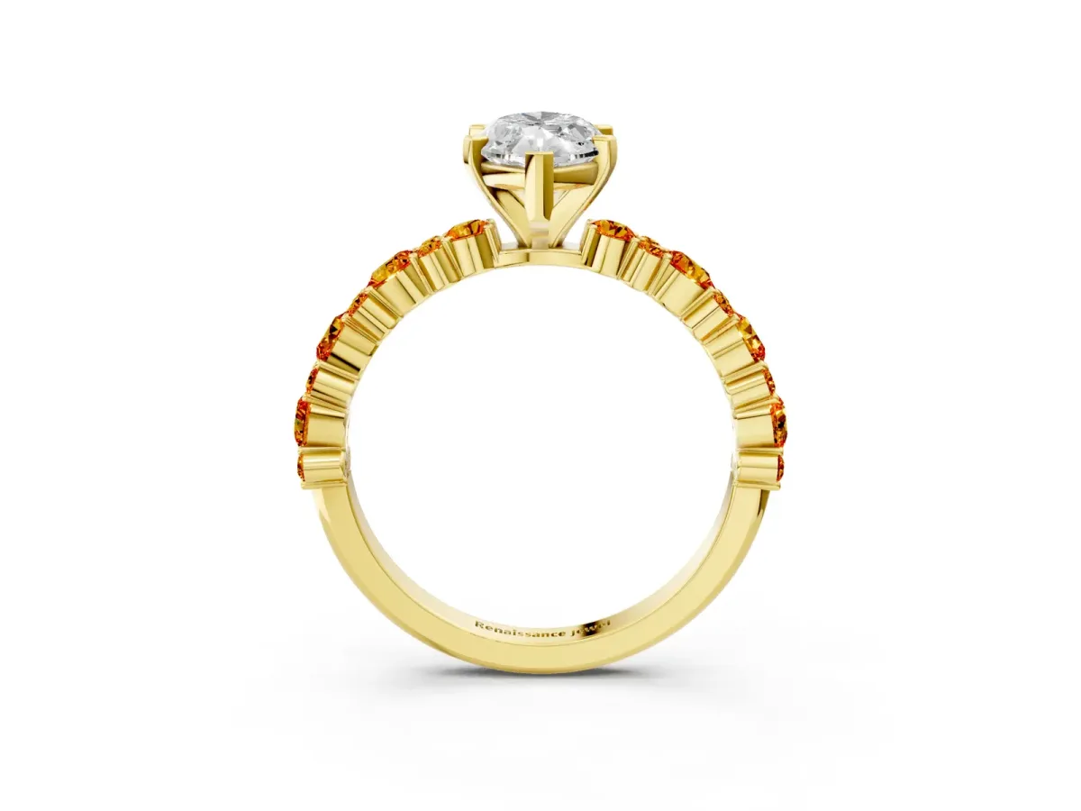 Marquise Cut Diamond Side Stone Solitaire Ring with Round Citrine and Four-Prong Setting Yellow gold