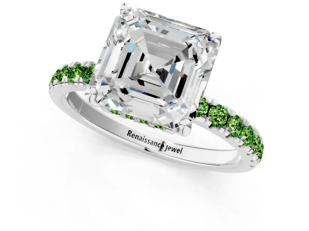 Asscher Cut Diamond Pave Band Solitaire Ring with Round Peridot and Prong Setting White gold