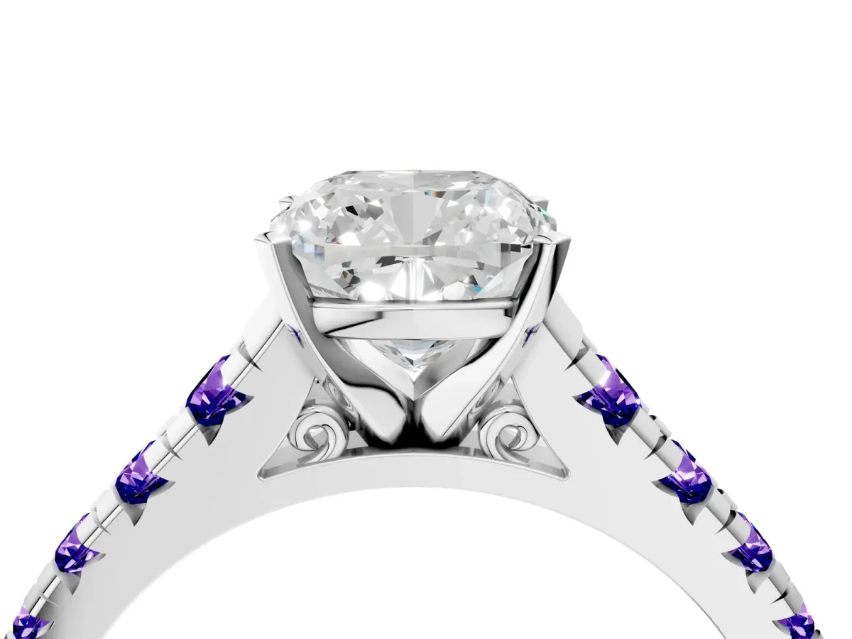 Cushion Cut Diamond Cathedral Solitaire Ring with Round Tanzanite Pavé Band Silver