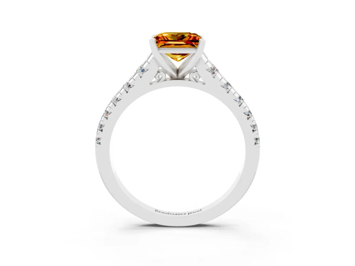 Princess Cut Citrine Cathedral Solitaire Ring with Round Pavé Band Silver