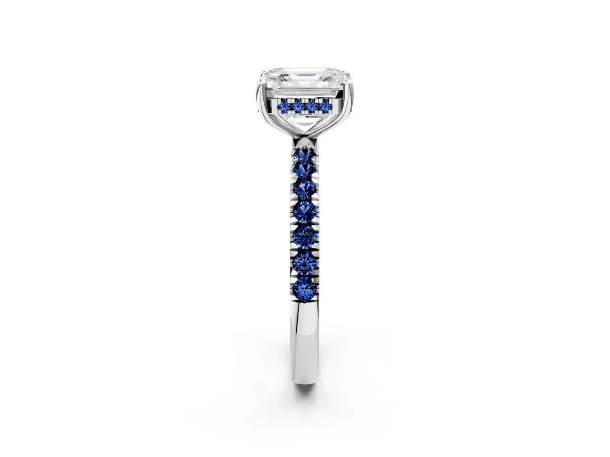 Asscher Cut Diamond Pave Band Solitaire Ring with Round Blue Sapphire and Prong Setting Platinum
