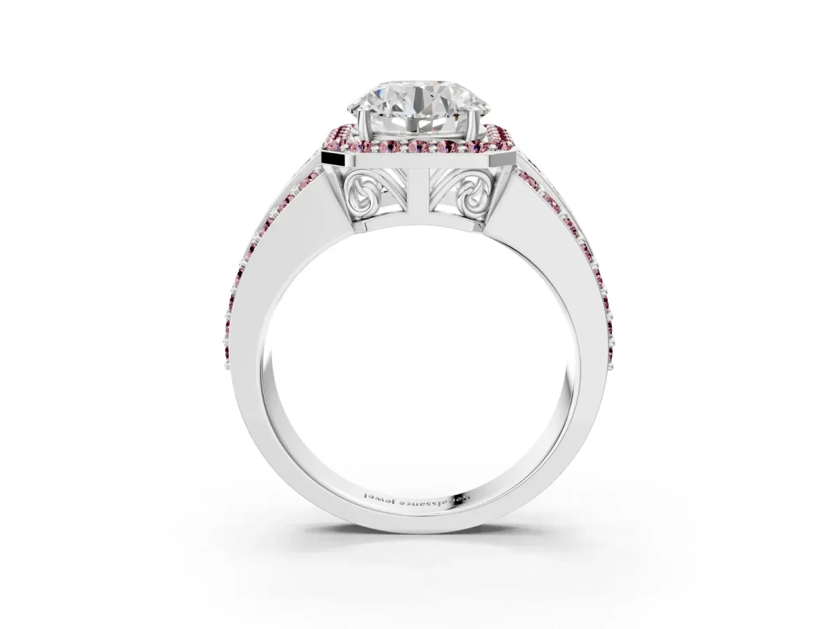 Round Cut Halo Diamond Ring with Round Morganite Split Shank and Prong Setting White gold