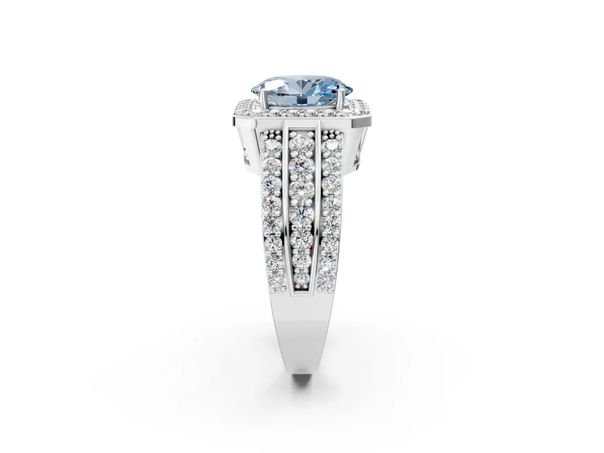 Fancy Blue Oval Cut Halo Diamond Ring with Round Split Shank and Prong Setting White gold