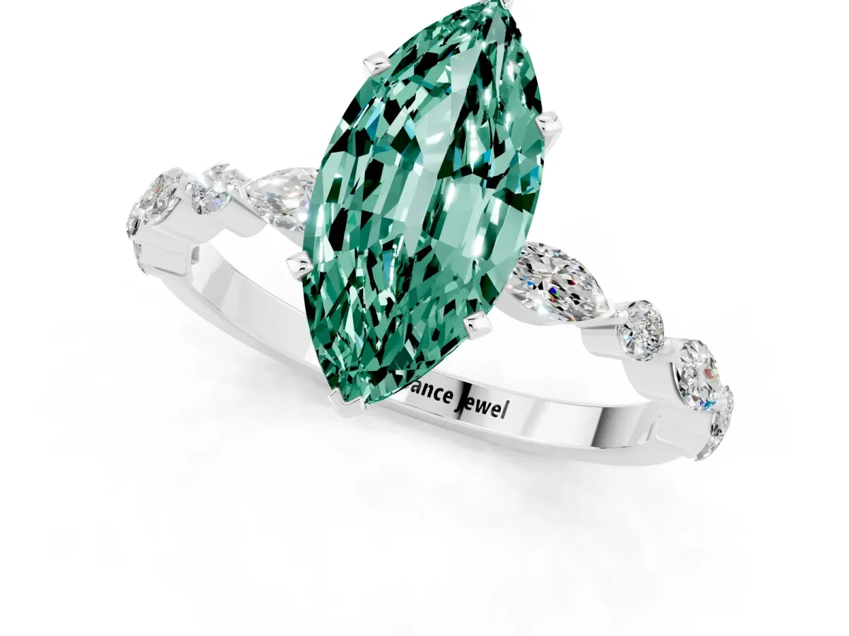 Marquise Cut Green Sapphire Ring with Marquise and Round Side Stones and Four-Prong Setting Platinum
