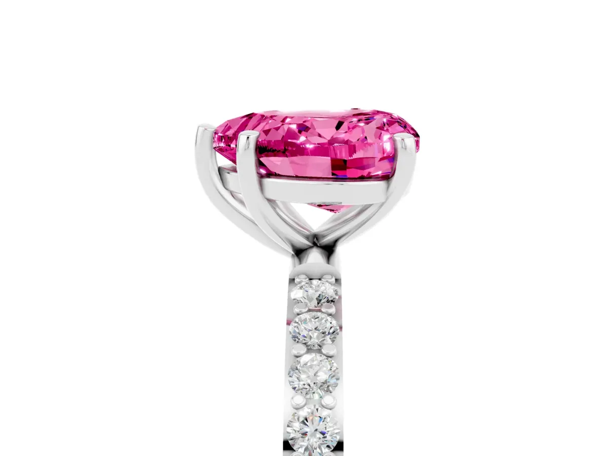 Heart Cut Pink Sapphire Solitaire Ring with Round Pavé Band and Prong Setting Platinum