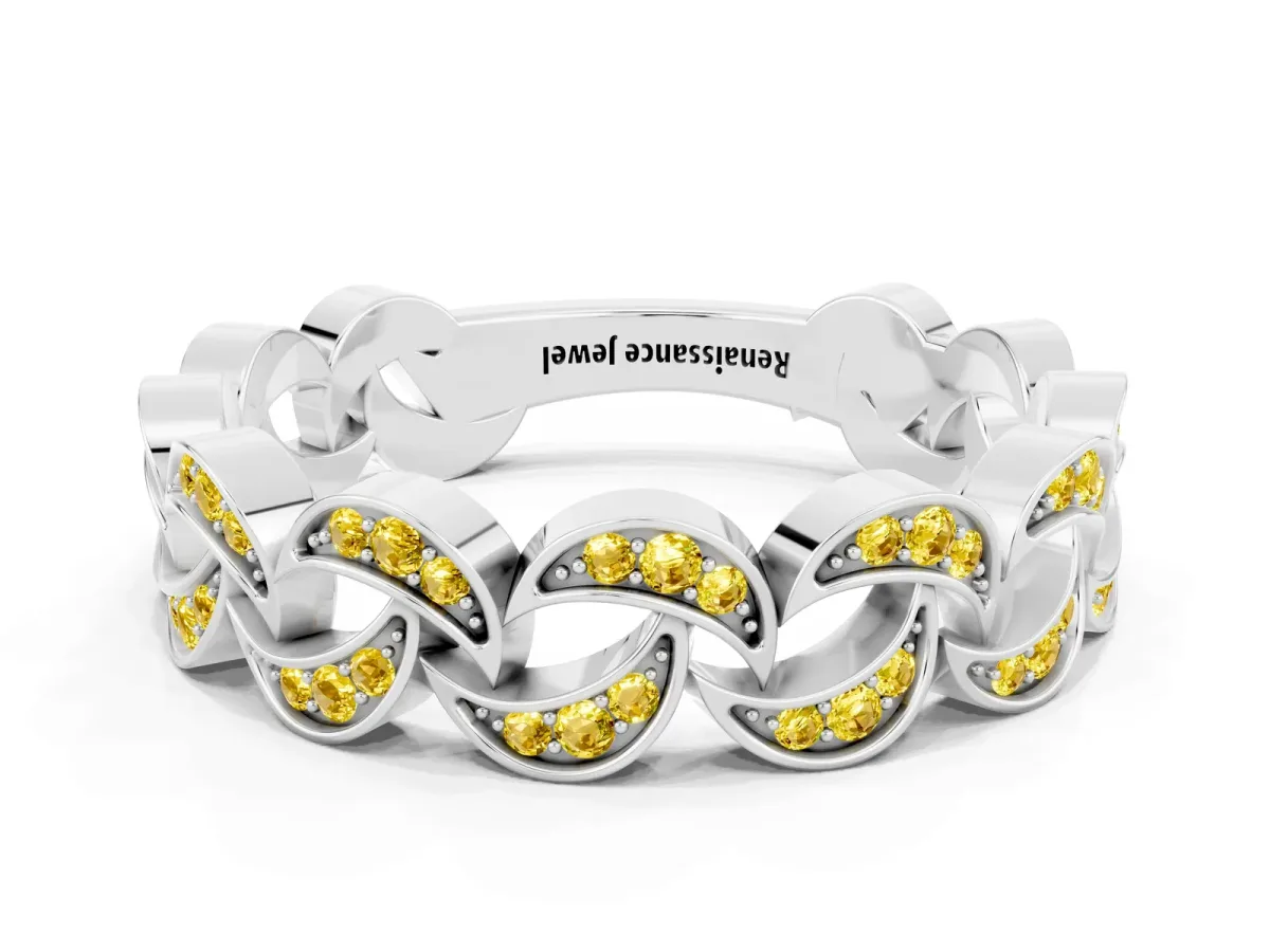 Pavé Round Yellow Sapphire Interlocking Eternity Band with Bezel Prong Setting White gold