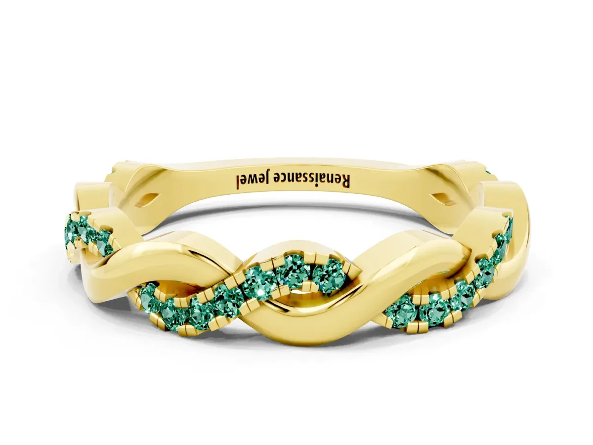 Pavé Round Green Sapphire Twist Eternity Band with Shared Prong Setting Yellow gold