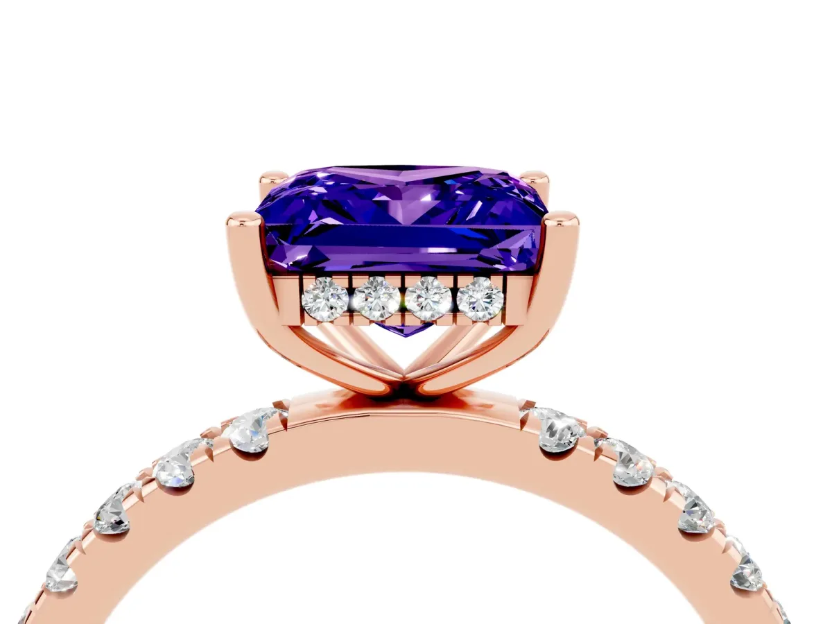 Princess Cut Tanzanite Pave Band Solitaire Ring with Round and Prong Setting Rose gold