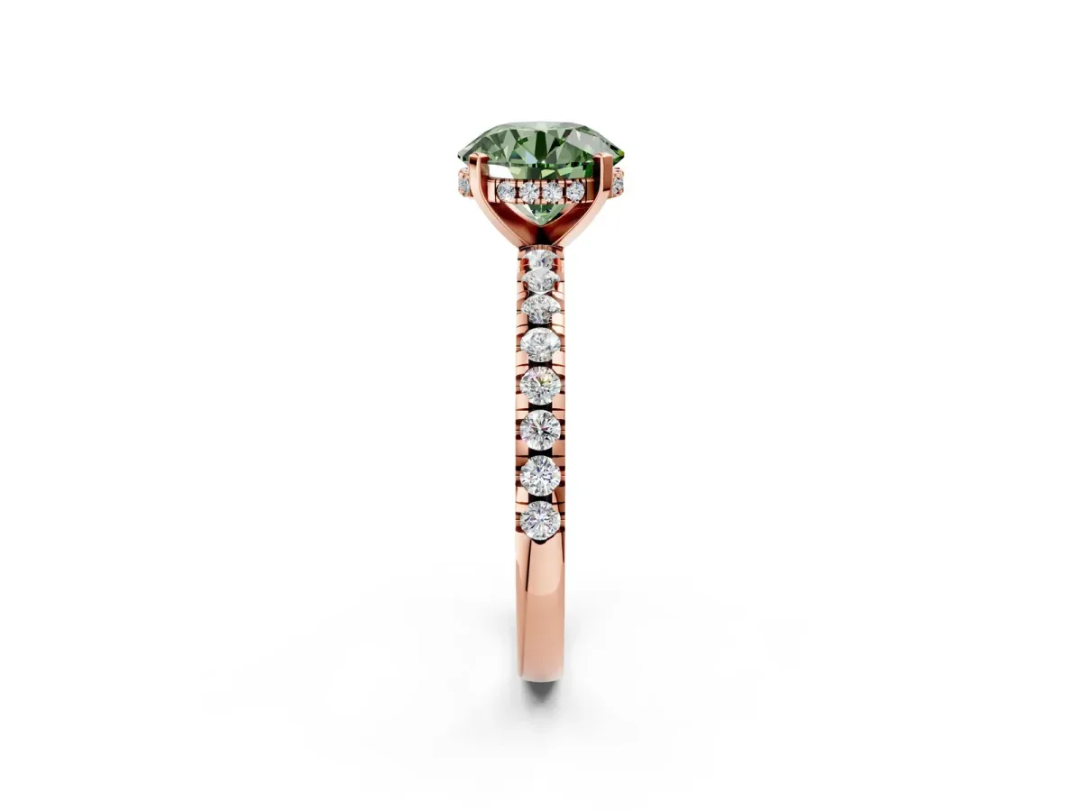 Fancy Green Round Cut Diamond Solitaire Ring with Round Pavé Band and Four-Prong Setting Rose gold
