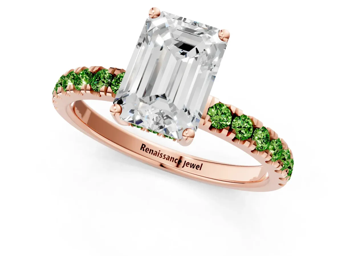 Emerald Cut Diamond Pave Band Solitaire Ring with Round Peridot and Prong Setting Rose gold