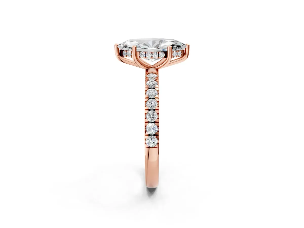 Marquise Cut Diamond Pave Band Solitaire Ring with Round Moissanite and Prong Setting Rose gold