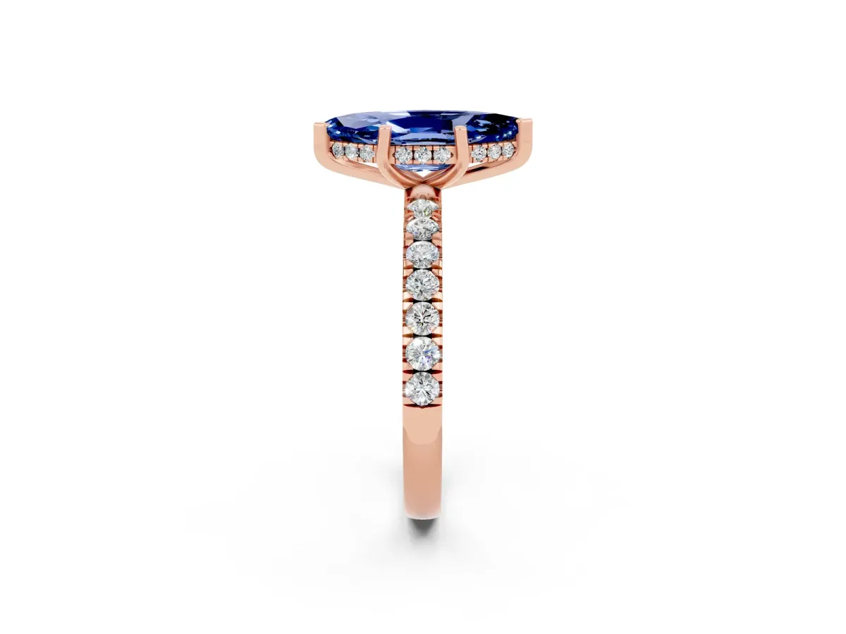 Marquise Cut Blue Sapphire Pave Band Solitaire Ring with Round and Prong Setting Rose gold