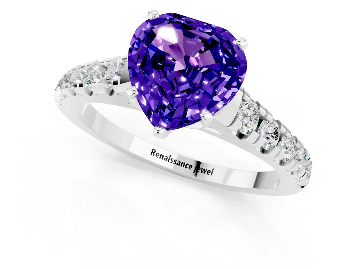 Heart Cut Tanzanite Cathedral Solitaire Ring with Round Pavé Band Silver