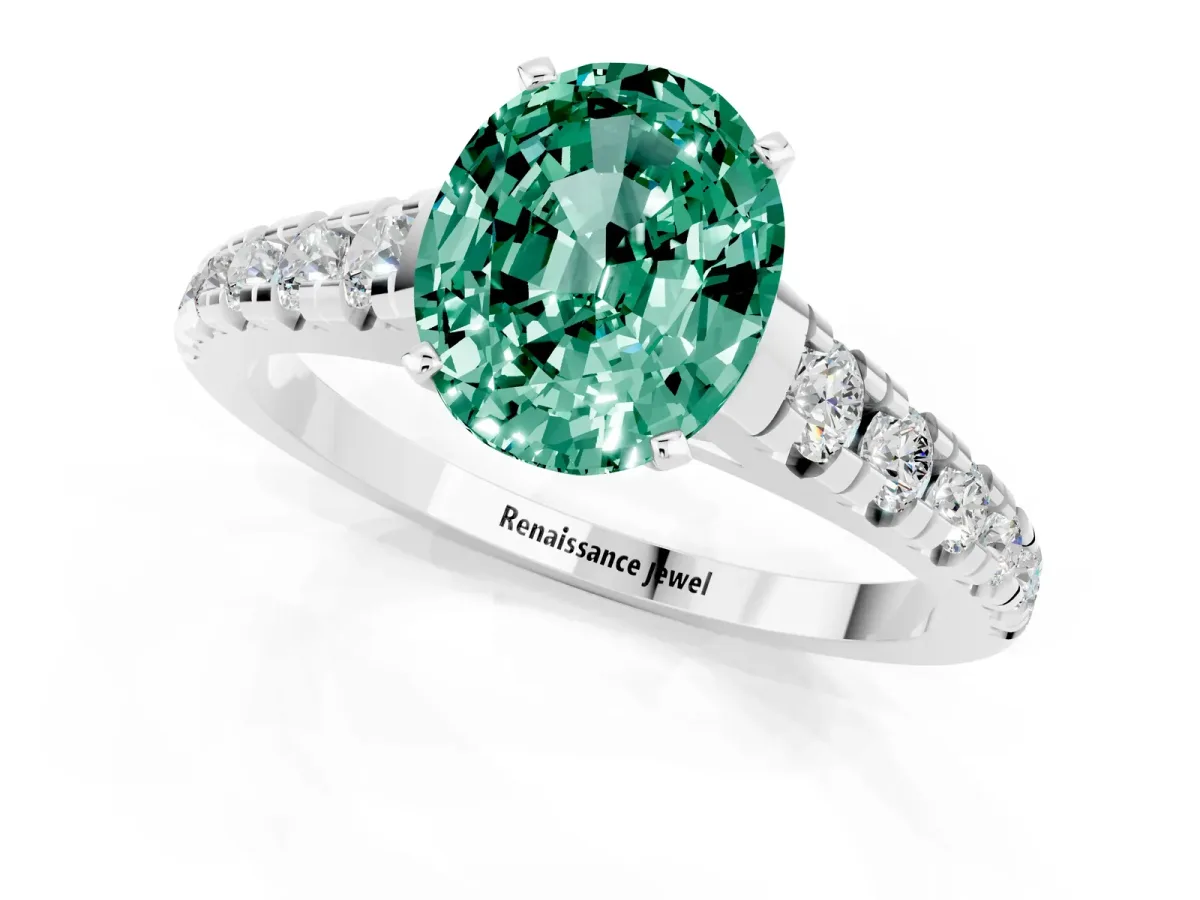 Oval Cut Green Sapphire Cathedral Solitaire Ring with Round Pavé Band Silver