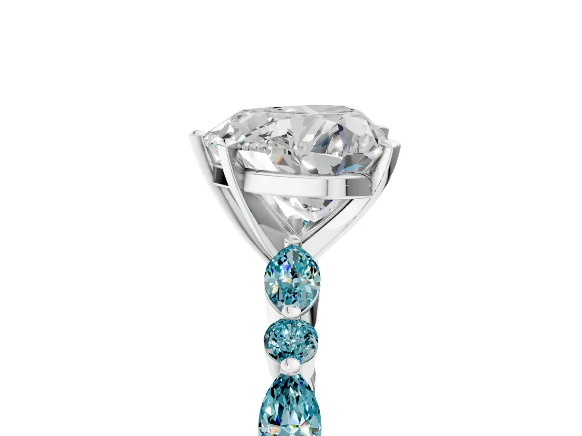 Heart Cut Diamond Ring with Marquise and Round Blue Topaz Side Stones and Four-Prong Setting Platinum