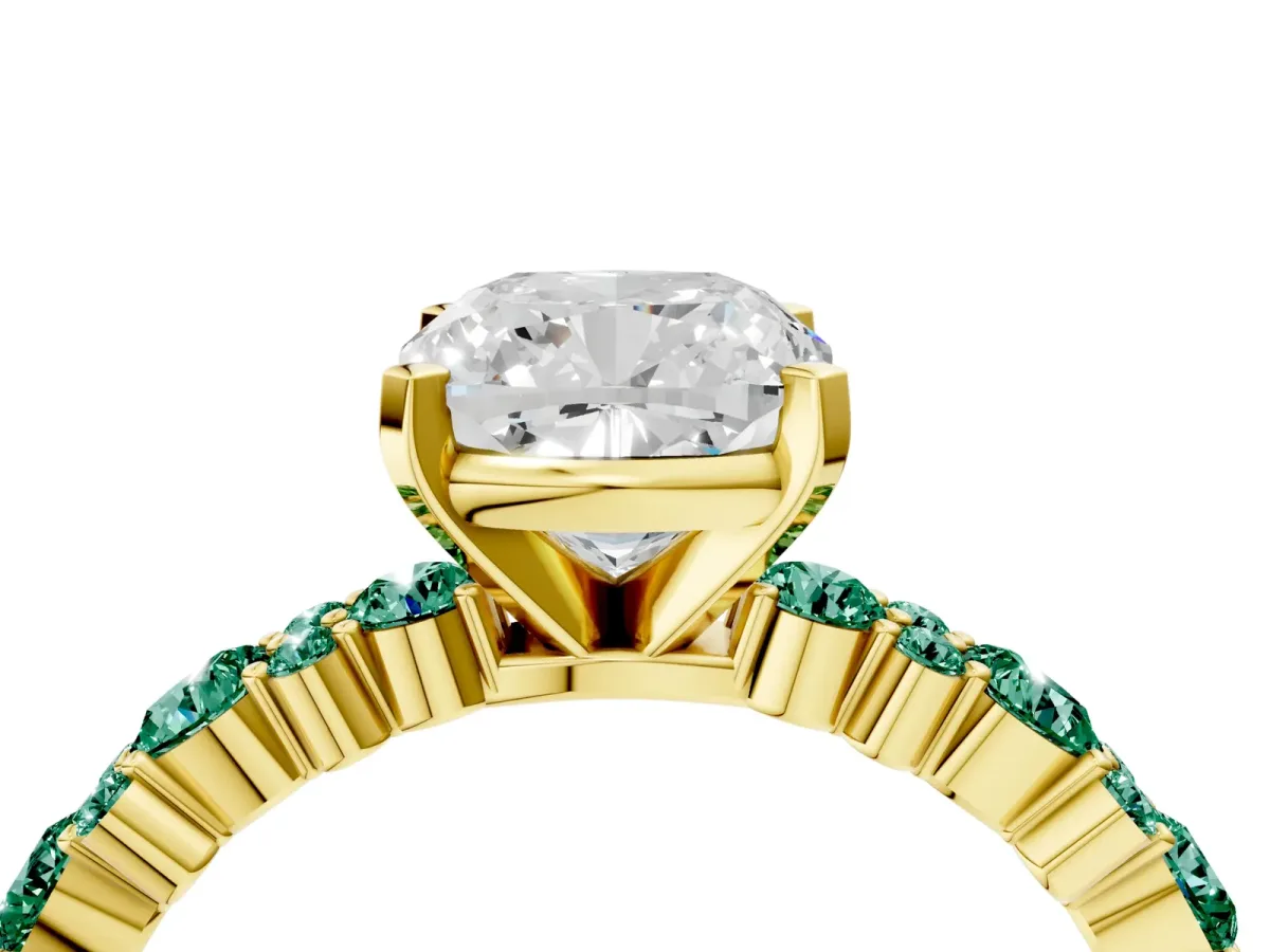 Cushion Cut Diamond Side Stone Solitaire Ring with Round Green Sapphire and Four-Prong Setting Yellow gold