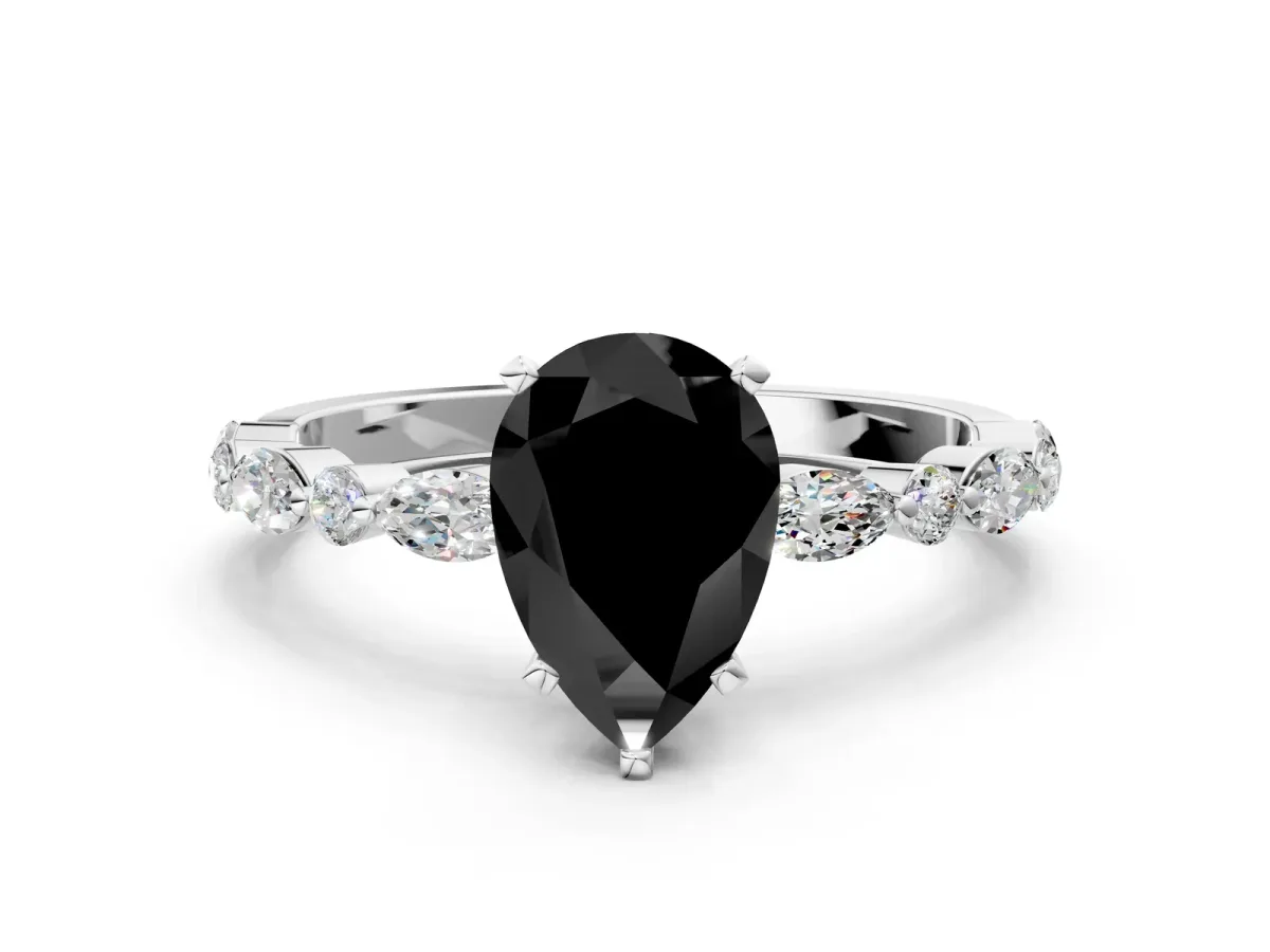 Fancy Black Pear Cut Diamond Ring with Marquise and Round Side Stones and Four-Prong Setting Platinum