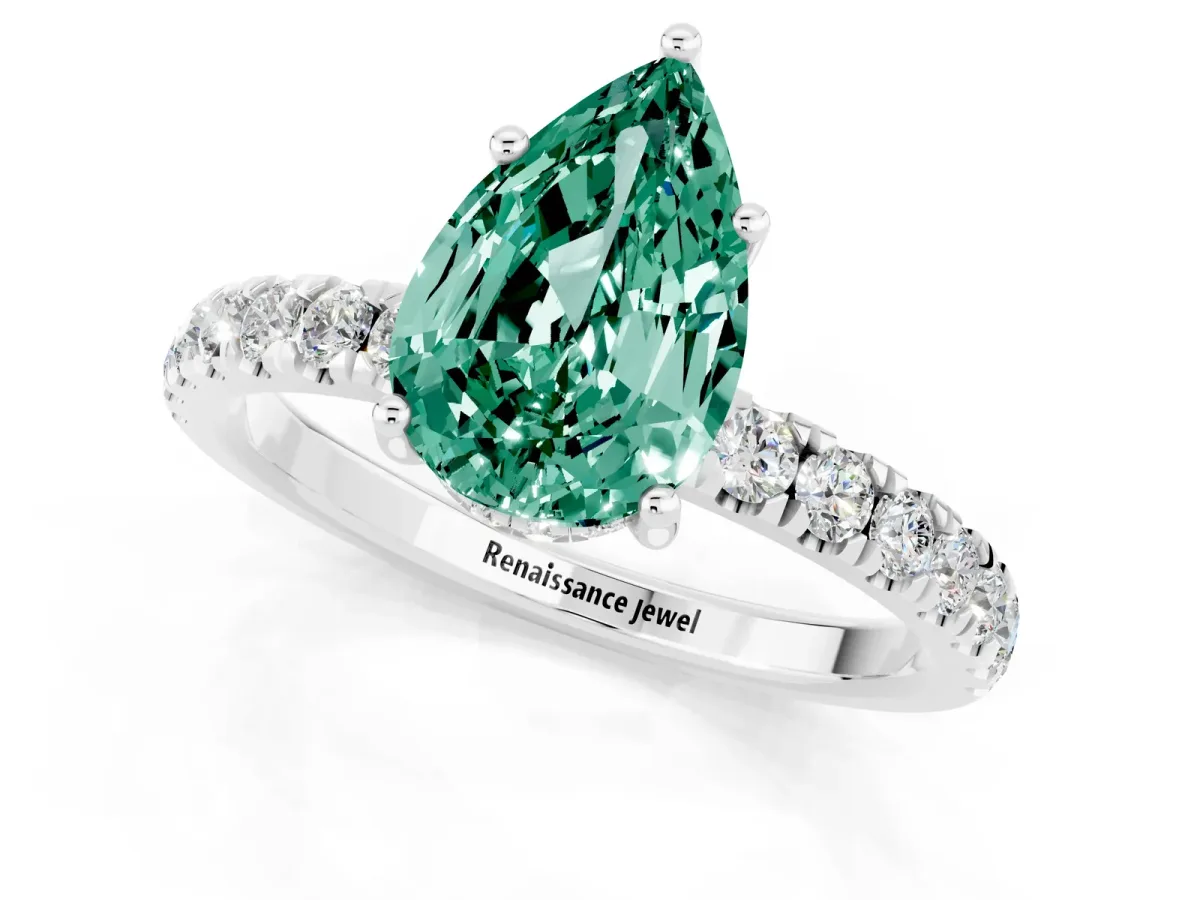 Pear Cut Green Sapphire Pave Band Solitaire Ring with Round and Prong Setting White gold