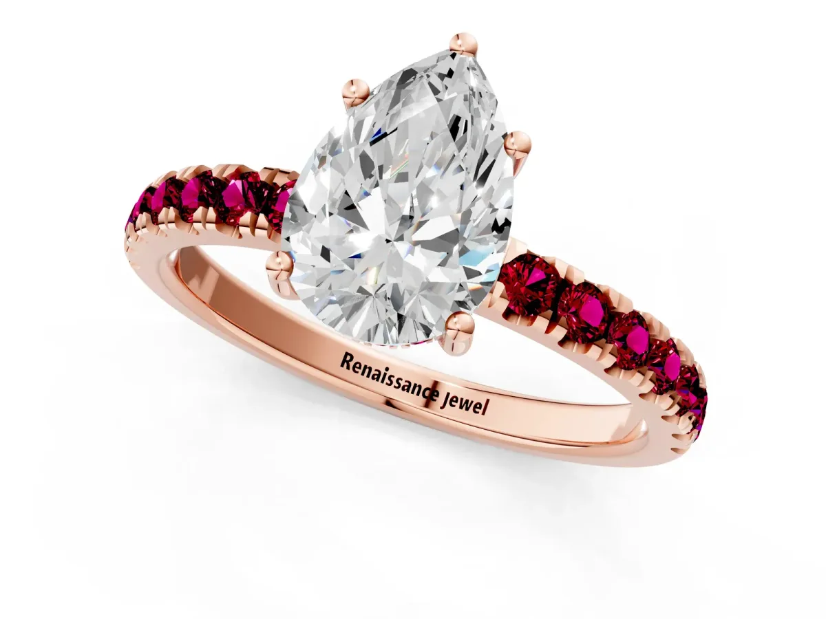 Pear Cut Diamond Pave Band Solitaire Ring with Round Garnet and Prong Setting Rose gold