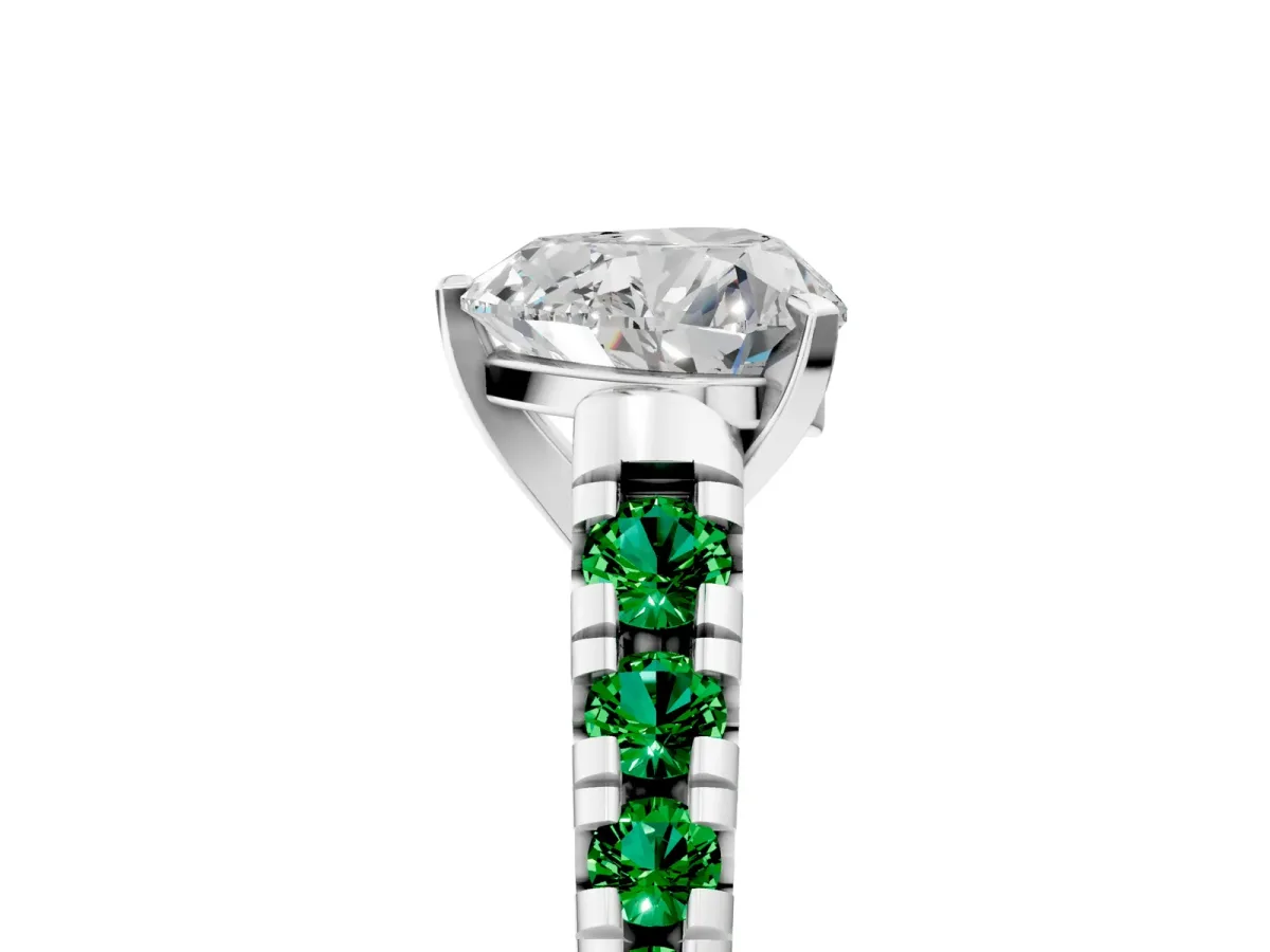Heart Cut Diamond Cathedral Solitaire Ring with Round Emerald Pavé Band Platinum